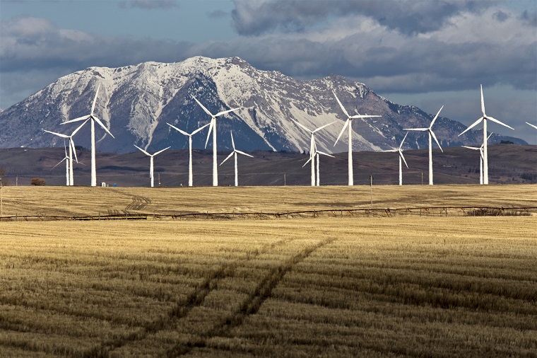 Wind farm on field by mountains