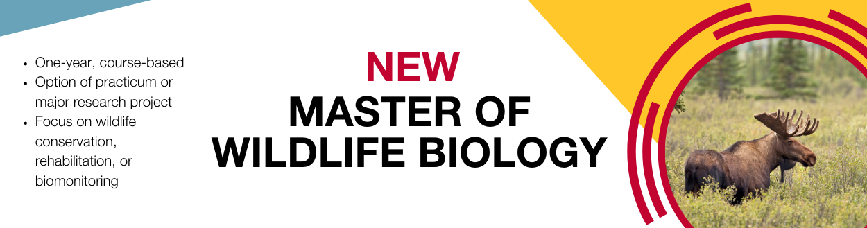 Banner announcing the new Master of Wildlife Biology, illustrated with a moose