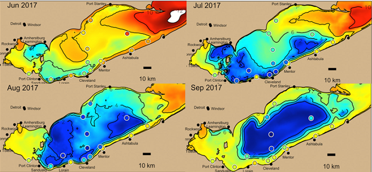 Computer model showing changes in hypoxic areas in Lake Erie over four months in 2017. Areas in blue are low in dissolved oxygen, areas in red are high in dissolved oxygen (figure courtesy of J. Ackerman)