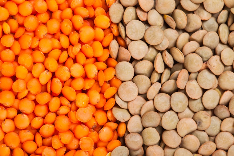 Two types of lentils, red to the left and brown to the right