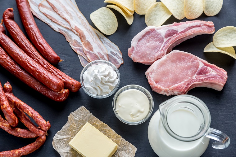 Various types of meats and dairy products that contain solid and liquid fats