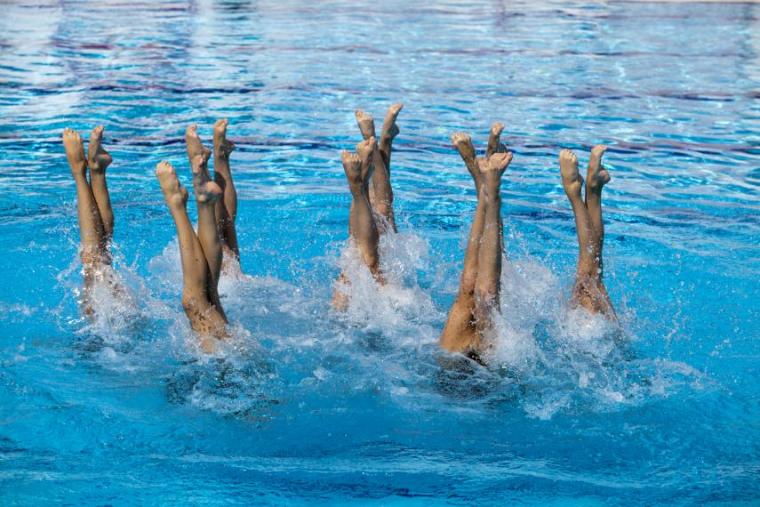 Synchronized swimmers; legs above the water in a swimming pool