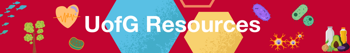 UofG resources banner with a red background and icons related to biology