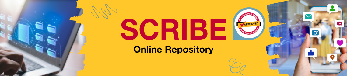 SCRIBE online repository banner, with a yellow background and images of digital files in a computer