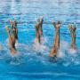 Synchronized swimmers' legs above water in a swimming pool